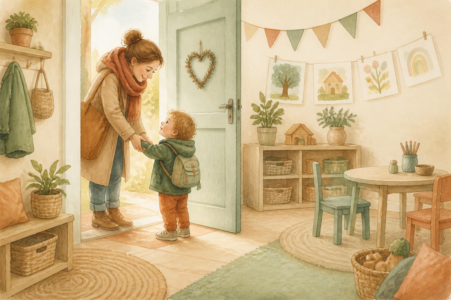Watercolour illustration of a parent bringing a toddler into an Irish preschool room on their first ECCE morning