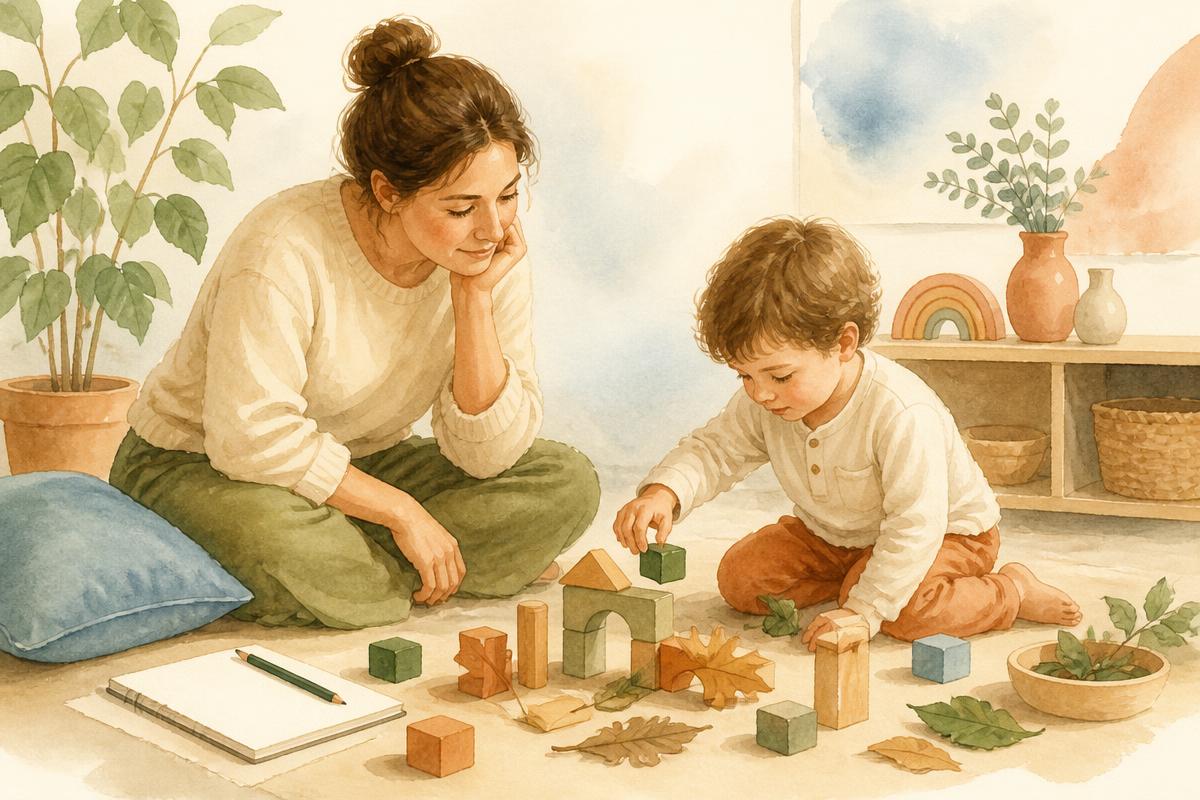 Watercolour illustration of an adult sitting at child height beside a young child building with wooden blocks and leaves, a notebook and pencil resting on the floor beside them