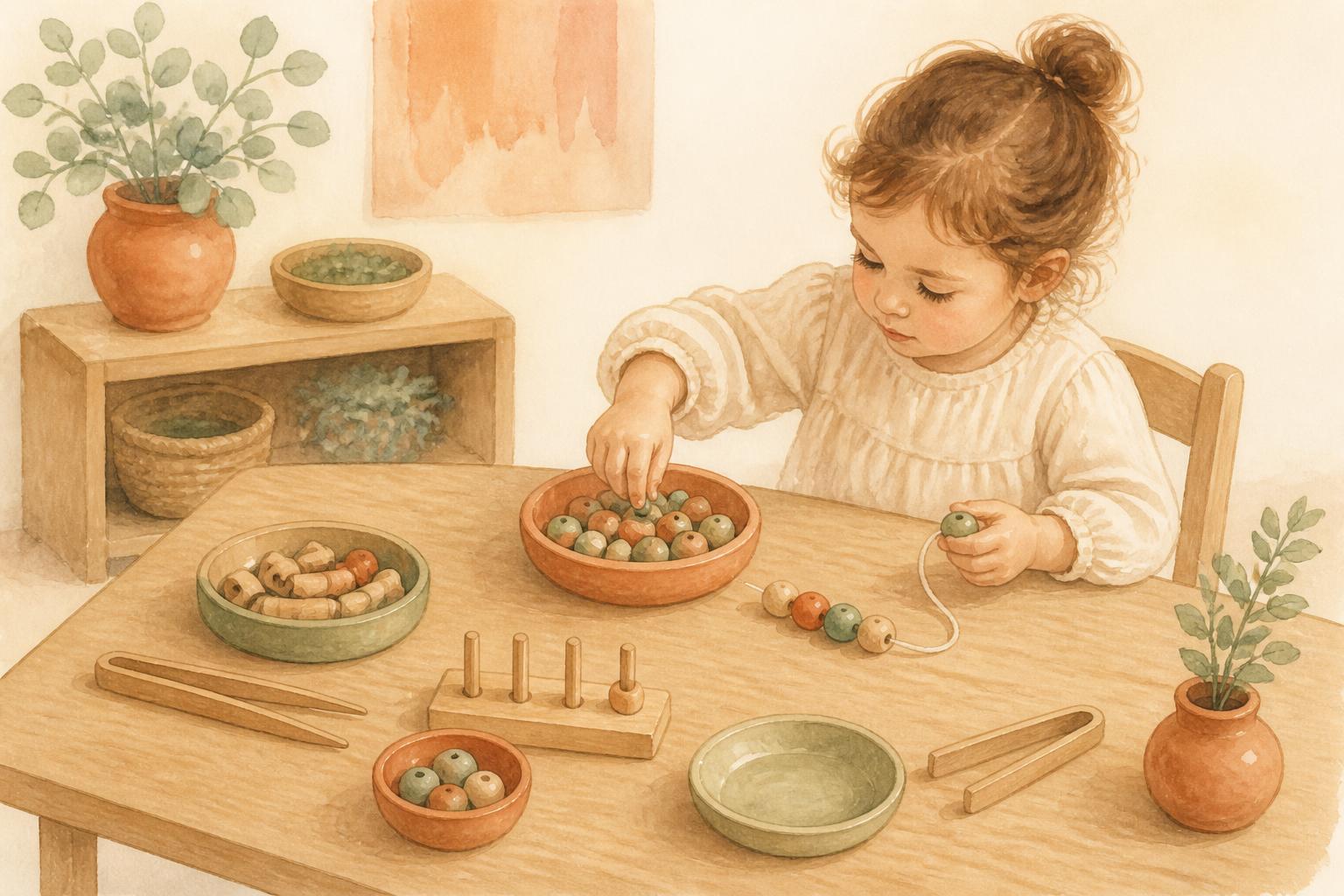 Watercolour illustration of a toddler threading wooden beads at a table set with tongs, pegs and small bowls