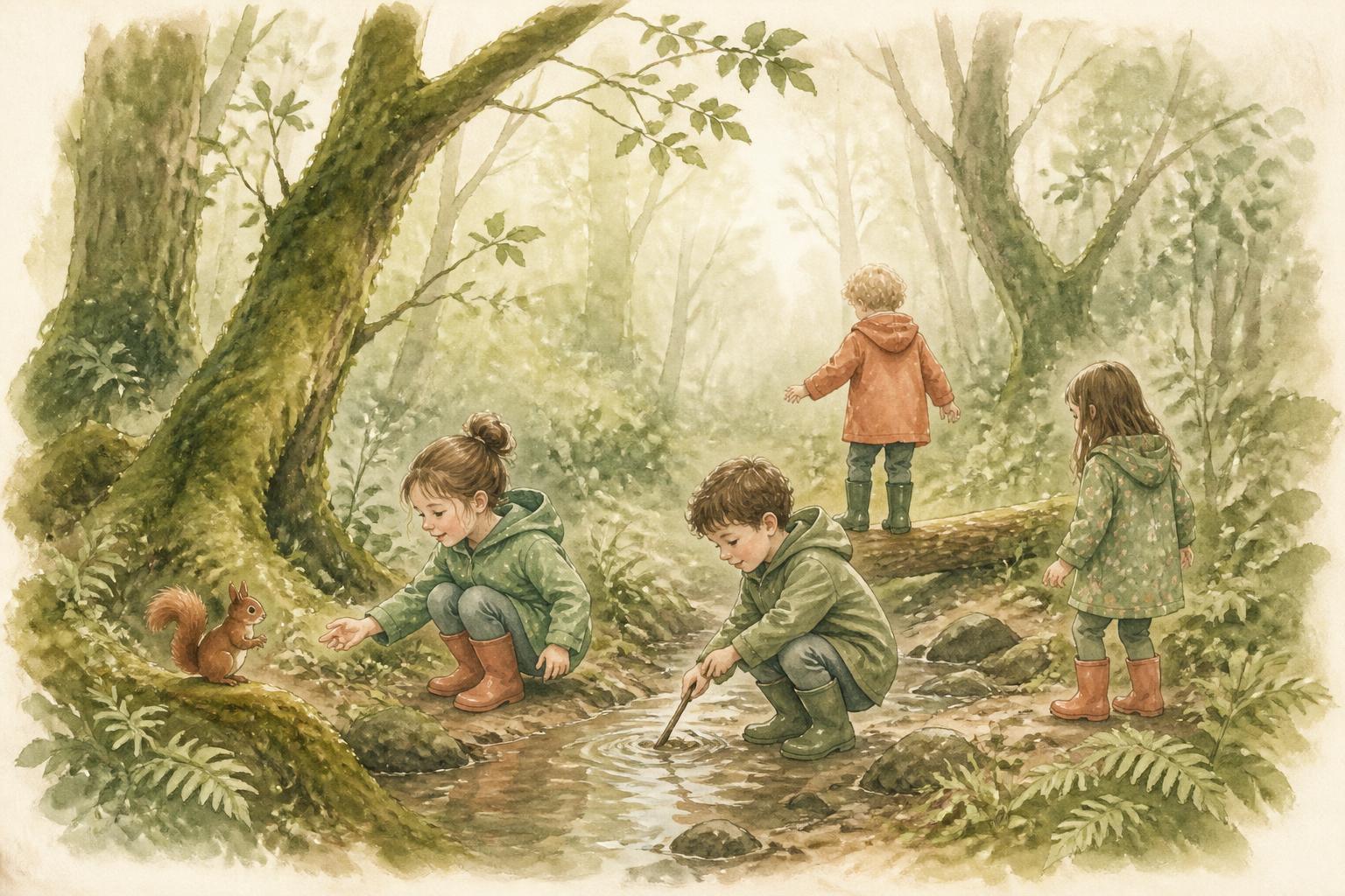 Watercolour illustration of children in raincoats and wellies exploring a mossy Irish woodland stream