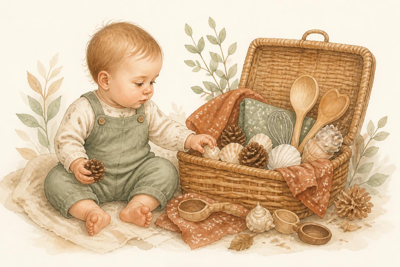 Watercolour illustration of a baby exploring a wicker treasure basket of wooden spoons, pinecones, shells and fabric