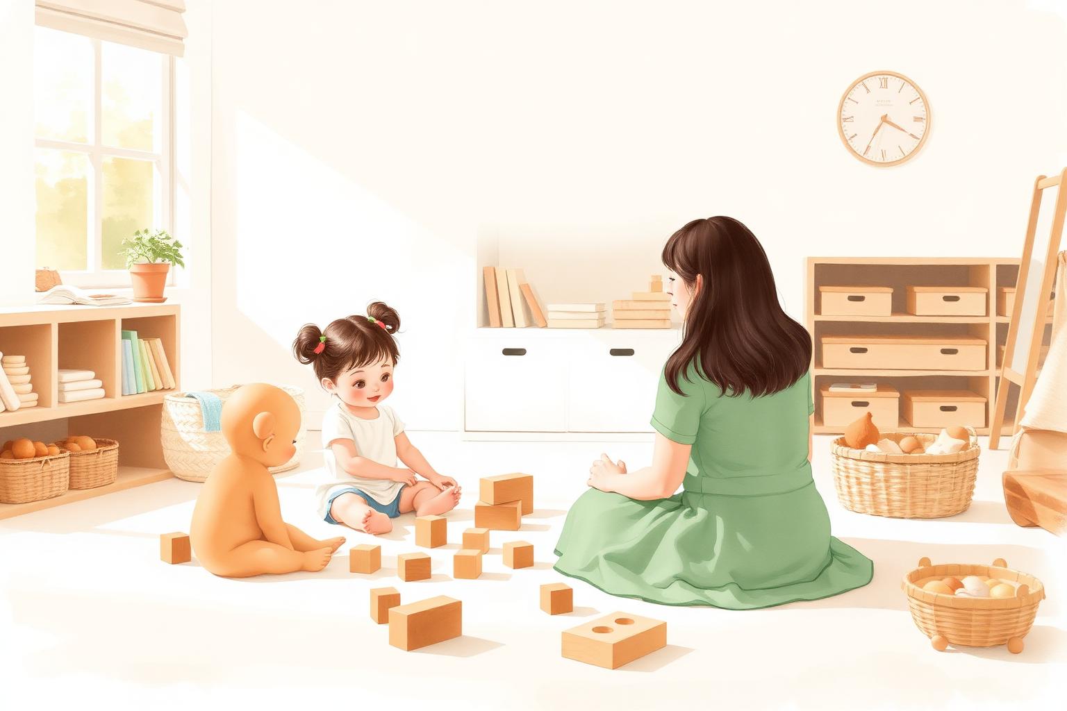 Watercolour illustration of an early years educator sitting on the floor of a bright playroom with young children, wooden blocks and baskets of natural loose parts