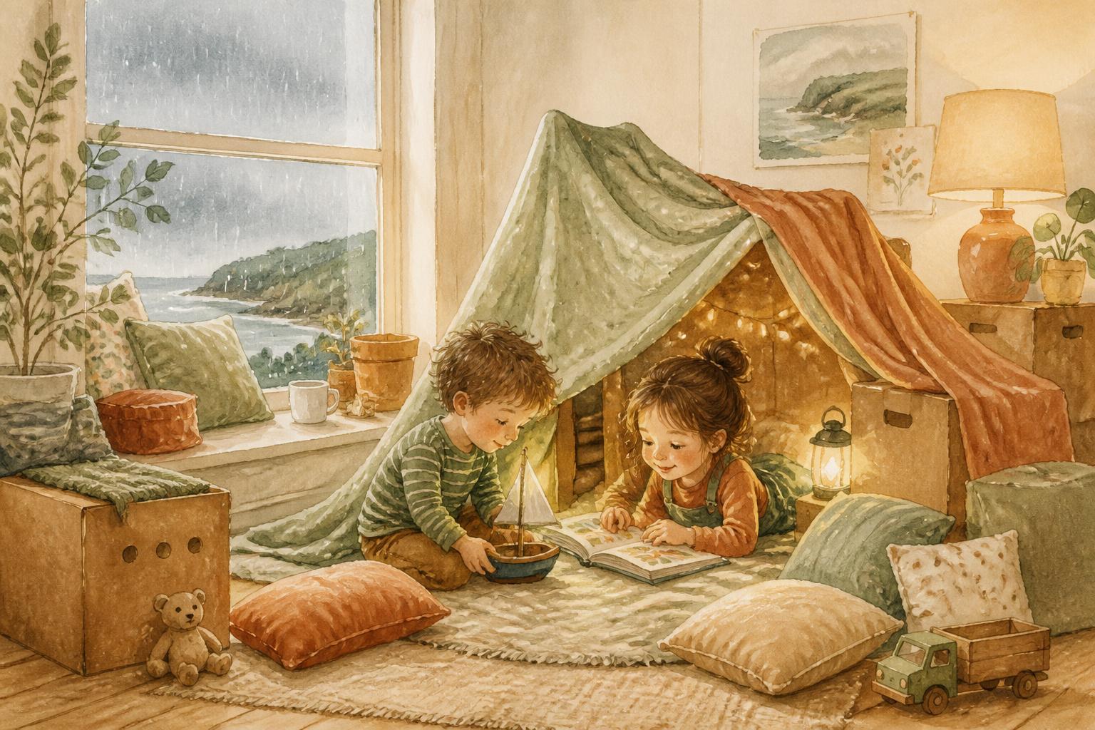 Watercolour illustration of two children playing in a blanket den indoors while rain runs down the window