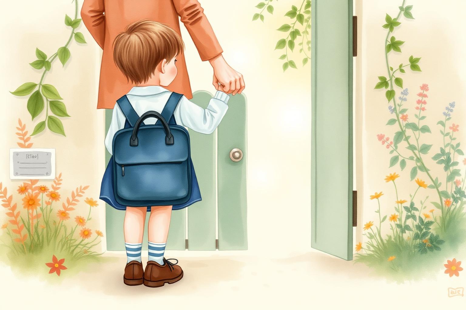 Watercolour illustration of a young child in school uniform with a schoolbag holding a parent's hand at a garden gate on a bright September morning