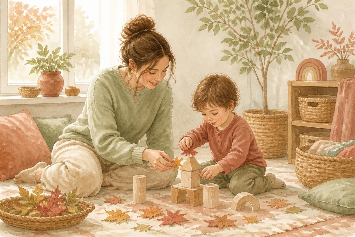 Watercolour illustration of an adult sitting on the floor at child height beside a young child, building with wooden blocks and autumn leaves