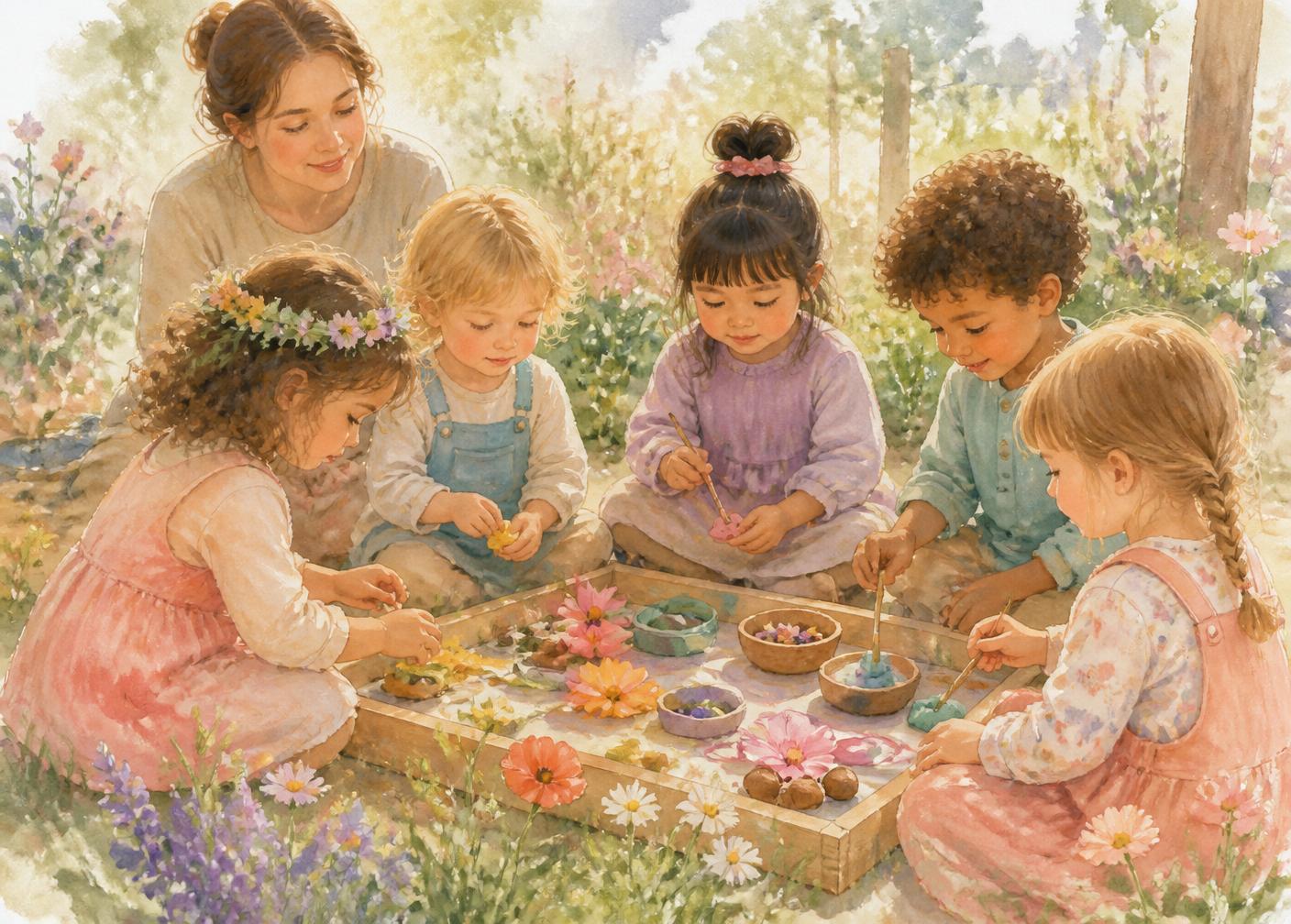 Children playing with leaves and loose parts in a sunlit meadow