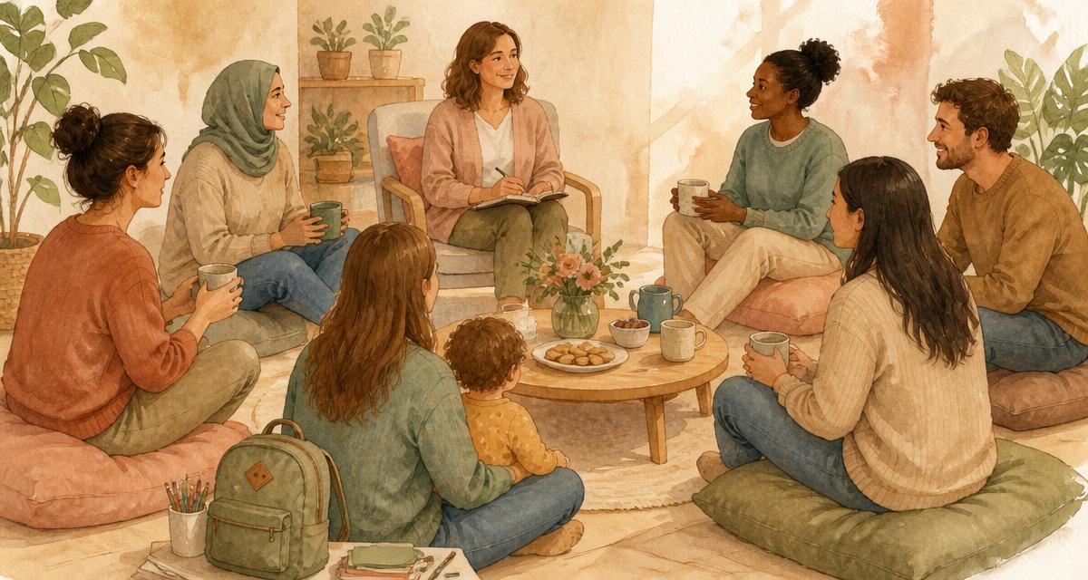 Watercolour illustration of parents sitting together with tea, coffee and treats at a community evening about starting school